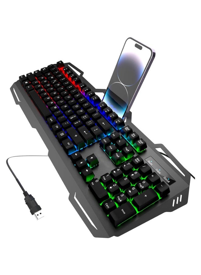 لوحة مفاتيح ألعاب سلكية غشائية - مزودة بإضاءة خلفية RGB LED، وقاعدة معدنية، ومقاومة للرذاذ بمعيار IPX4، وحامل للهاتف، و12 مفتاحًا هادئًا لوظائف الوسائط المتعددة - للكمبيوتر الشخصي، والكمبيوتر المكتبي، واللاعبين (الإنجليزية والعربية) - Image 5